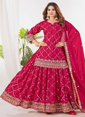 Rani pink embroidery silk blend fully stitched sharara suit set 4