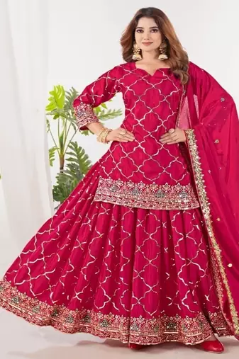 Rani pink embroidery silk blend fully stitched sharara suit set