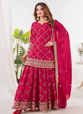 Rani pink embroidery silk blend fully stitched sharara suit set 5