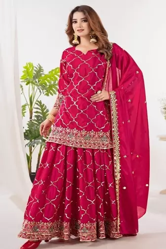Rani pink embroidery silk fully stitched sharara palazzo suit set