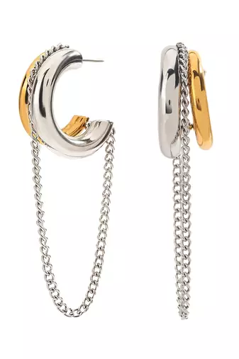 Dual tone chain drop hoop earrings