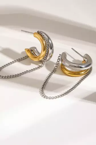 Dual tone chain drop hoop earrings