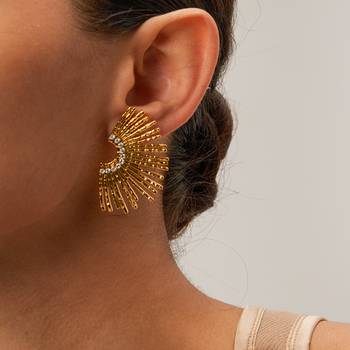 Retro Sun Rhinestone Earrings | White Stone Gold Plated Anti-Tarnish Statement Studs 1