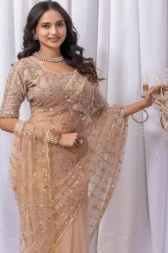 Golden Color Sequins And Embroidery with Beads Work Butterfly Net