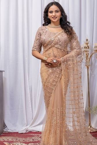 Golden Color Sequins And Embroidery with Beads Work Butterfly Net