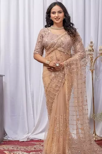 Golden Color Sequins And Embroidery with Beads Work Butterfly Net