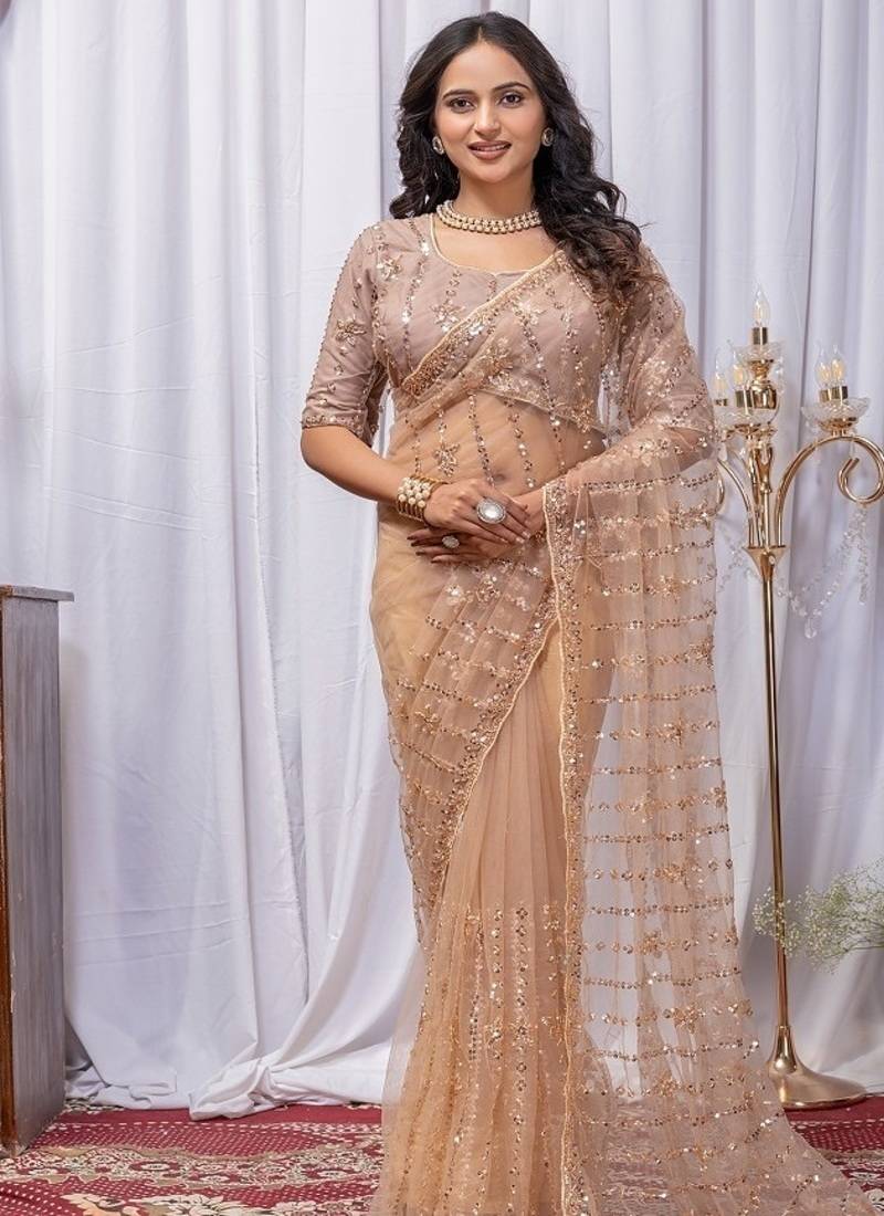 Golden Color Sequins And Embroidery with Beads Work Butterfly Net