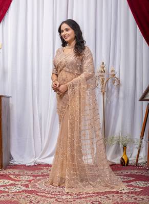 Golden Color Sequins And Embroidery with Beads Work Butterfly Net 4