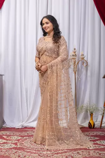 Golden Color Sequins And Embroidery with Beads Work Butterfly Net