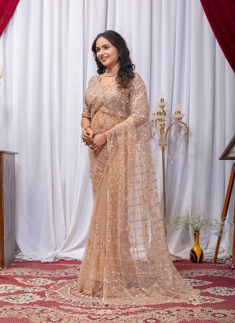 Golden Color Sequins And Embroidery with Beads Work Butterfly Net
