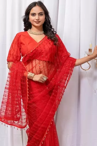 Red Color Sequins And Embroidery with Beads Work Butterfly Net