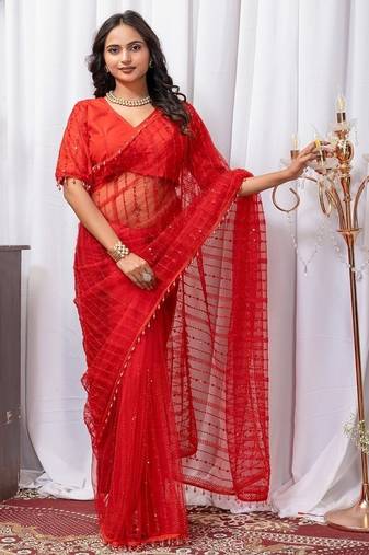 Red Color Sequins And Embroidery with Beads Work Butterfly Net