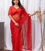 Red Color Sequins And Embroidery with Beads Work Butterfly Net