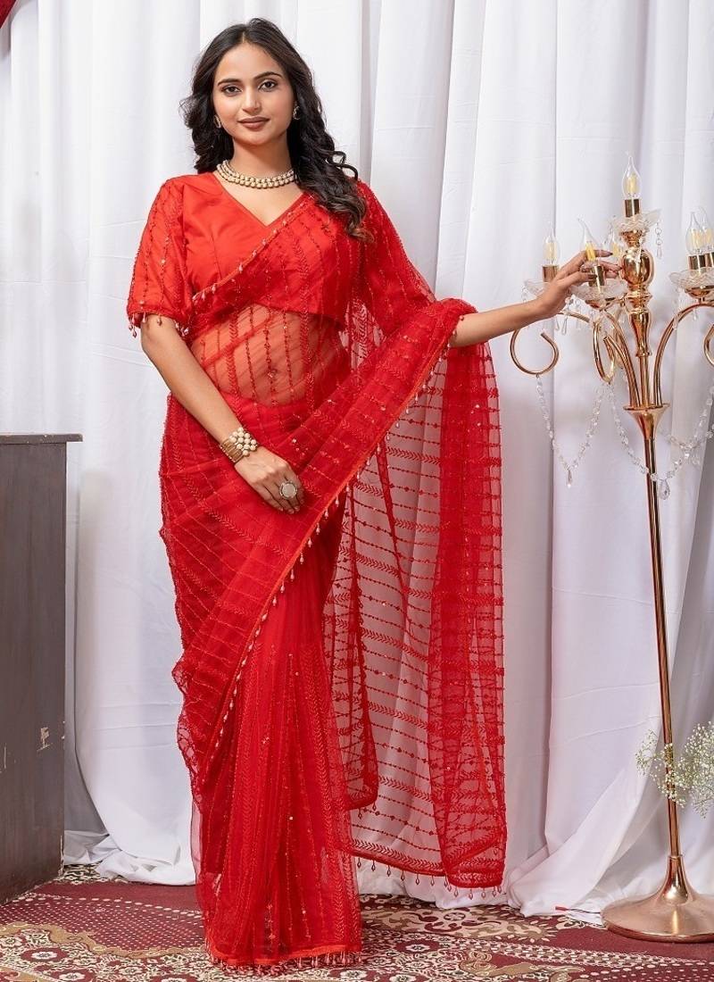 Red Color Sequins And Embroidery with Beads Work Butterfly Net