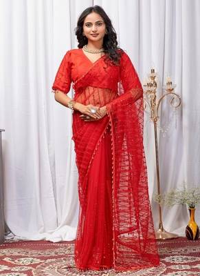 Red Color Sequins And Embroidery with Beads Work Butterfly Net 3