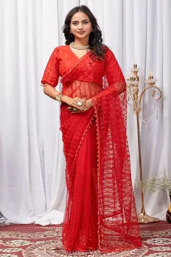 Red Color Sequins And Embroidery with Beads Work Butterfly Net