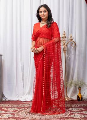 Red Color Sequins And Embroidery with Beads Work Butterfly Net 4