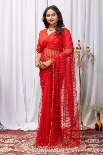 Red Color Sequins And Embroidery with Beads Work Butterfly Net