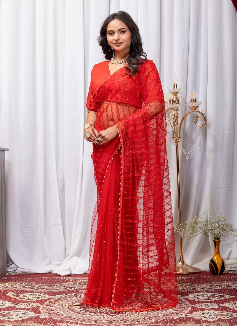 Red Color Sequins And Embroidery with Beads Work Butterfly Net