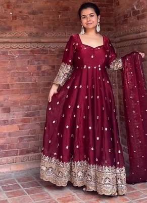 Wine embroidery Blend Tissue fully stitched anarkali suit set 5