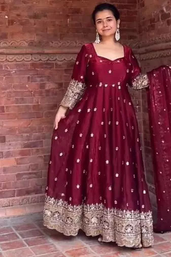 Wine embroidery fendy silk  fully stitched anarkali suit set