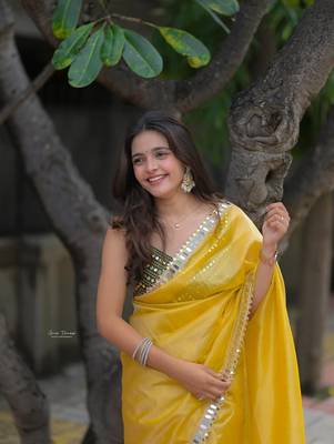 Yellow color Embroidery and  Real Mirror Work Satin art silk saree  2