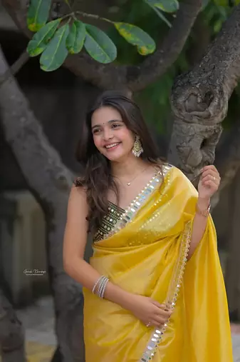 Yellow color Embroidery and  Real Mirror Work Satin art silk saree 