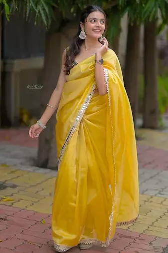 Yellow color Embroidery and  Real Mirror Work Satin art silk saree 