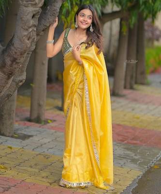 Yellow color Embroidery and  Real Mirror Work Satin art silk saree  1