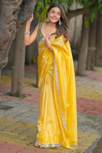 Yellow color Embroidery and  Real Mirror Work Satin Silk saree 