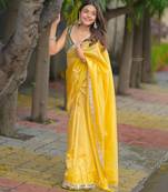 Yellow color Embroidery and  Real Mirror Work Satin Silk saree 