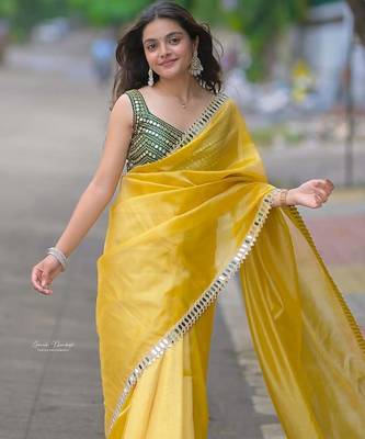 Yellow color Embroidery and  Real Mirror Work Satin art silk saree  4
