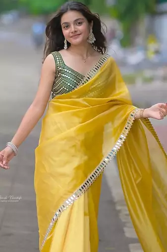 Yellow color Embroidery and  Real Mirror Work Satin art silk saree 