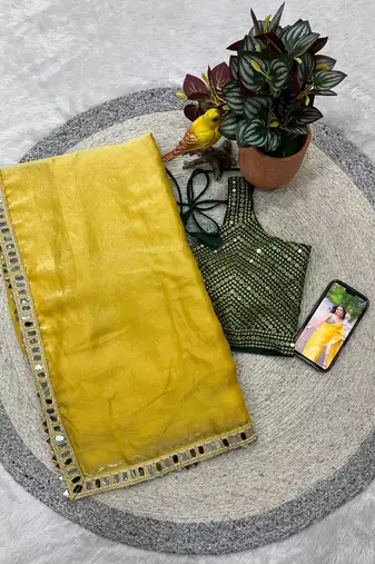 Yellow color Embroidery and  Real Mirror Work Satin art silk saree 