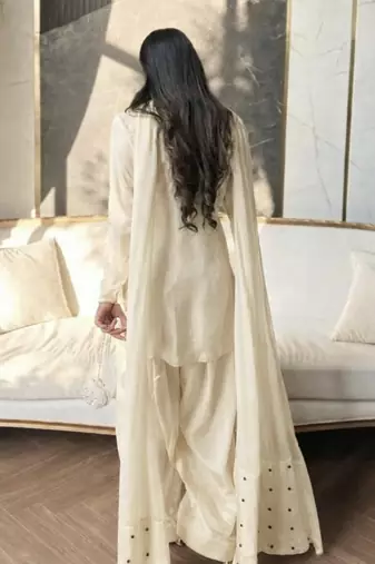 Off-white embroidery satin fully stitched sarara plazo suit set