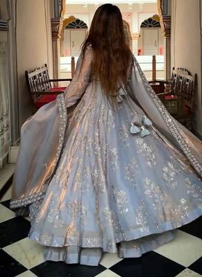Grey embroidery Blend Tissue fully stitched anarkali set 4