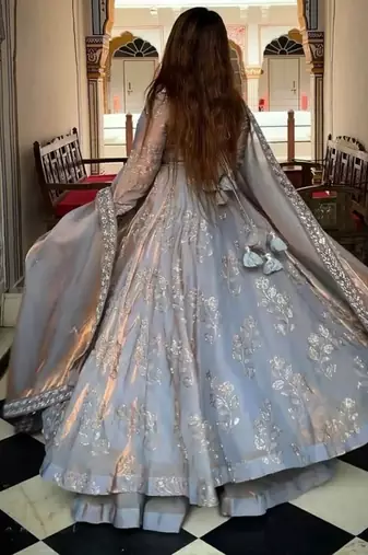 Grey embroidery Blend Tissue fully stitched anarkali set