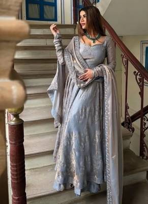 Grey embroidery Blend Tissue fully stitched anarkali set 1