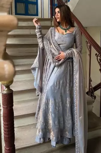 Grey embroidery fandy fully stitched anarkali set