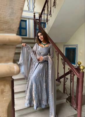 Grey embroidery Blend Tissue fully stitched anarkali set 5
