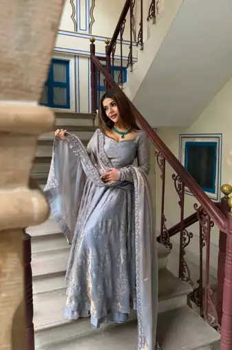 Grey embroidery fandy fully stitched anarkali set