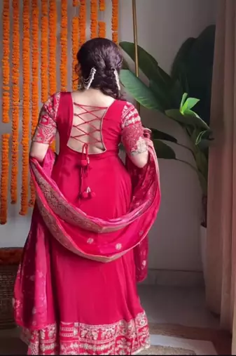 Rani pink embroidery crep fully stitched anarkali set