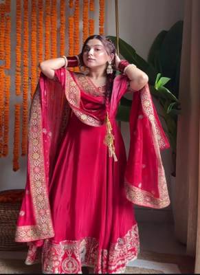 Rani pink embroidery crep fully stitched anarkali set 1