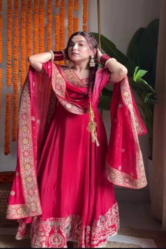 Rani pink embroidery crep fully stitched anarkali set