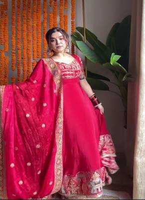 Rani pink embroidery crep fully stitched anarkali set 5
