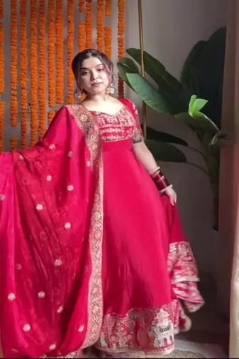 Rani pink embroidery crep fully stitched anarkali set