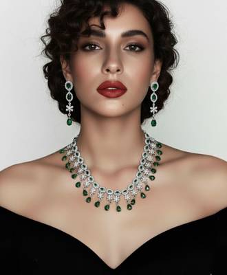 Emerald Fringe CZ Necklace Set | Rhodium-Plated Green & White Cubic Zirconia Cocktail Statement Jewellery 1