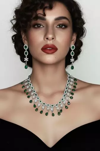 Emerald fringe cz necklace set (rhodium finish)