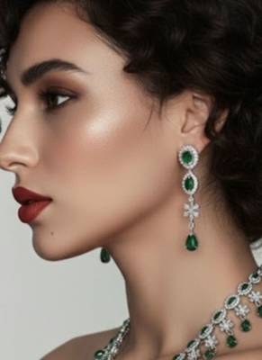 Emerald Fringe CZ Necklace Set | Rhodium-Plated Green & White Cubic Zirconia Cocktail Statement Jewellery 2