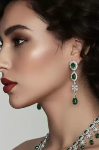 Emerald Fringe CZ Necklace Set | Rhodium-Plated Green & White Cubic Zirconia Cocktail Statement Jewellery